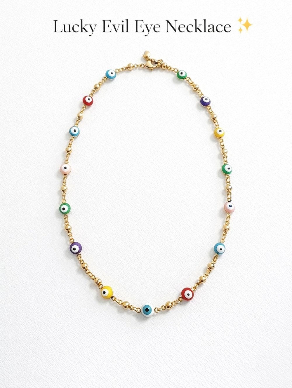 Colorful Evil Eye Necklace Gold Tone Beaded Chain Protection 18”